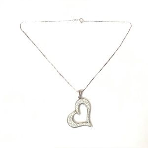 Sterling Silver Rhinestone Open Heart Pendant Necklace 16" Long